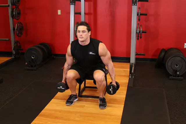 Dumbbell Squat To A Bench, finishing position