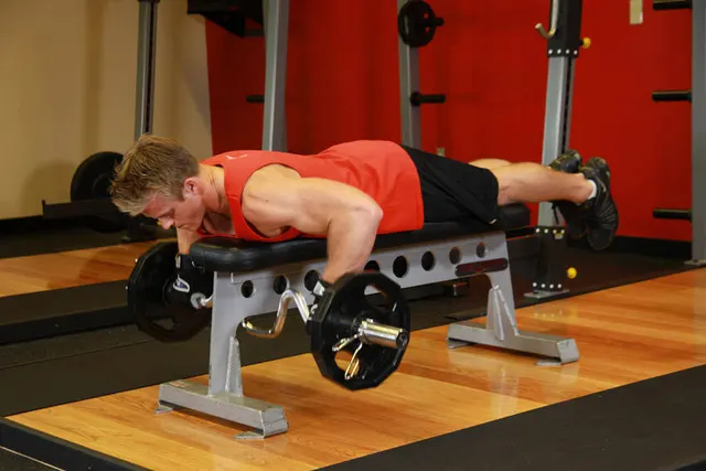 Lying Cambered Barbell Row, finishing position