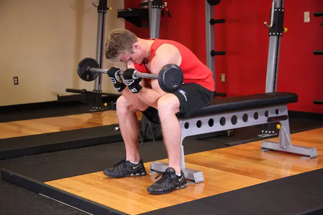 Seated Close-Grip Concentration Barbell Curl, finishing position
