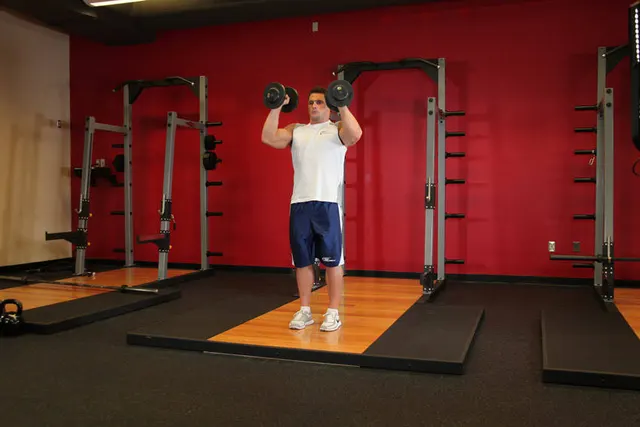 Standing Palms-In Dumbbell Press, finishing position